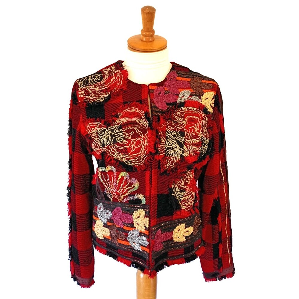 Vintage Sandy Starkman Red & Black Plaid Embellished Jacket - Sz XL